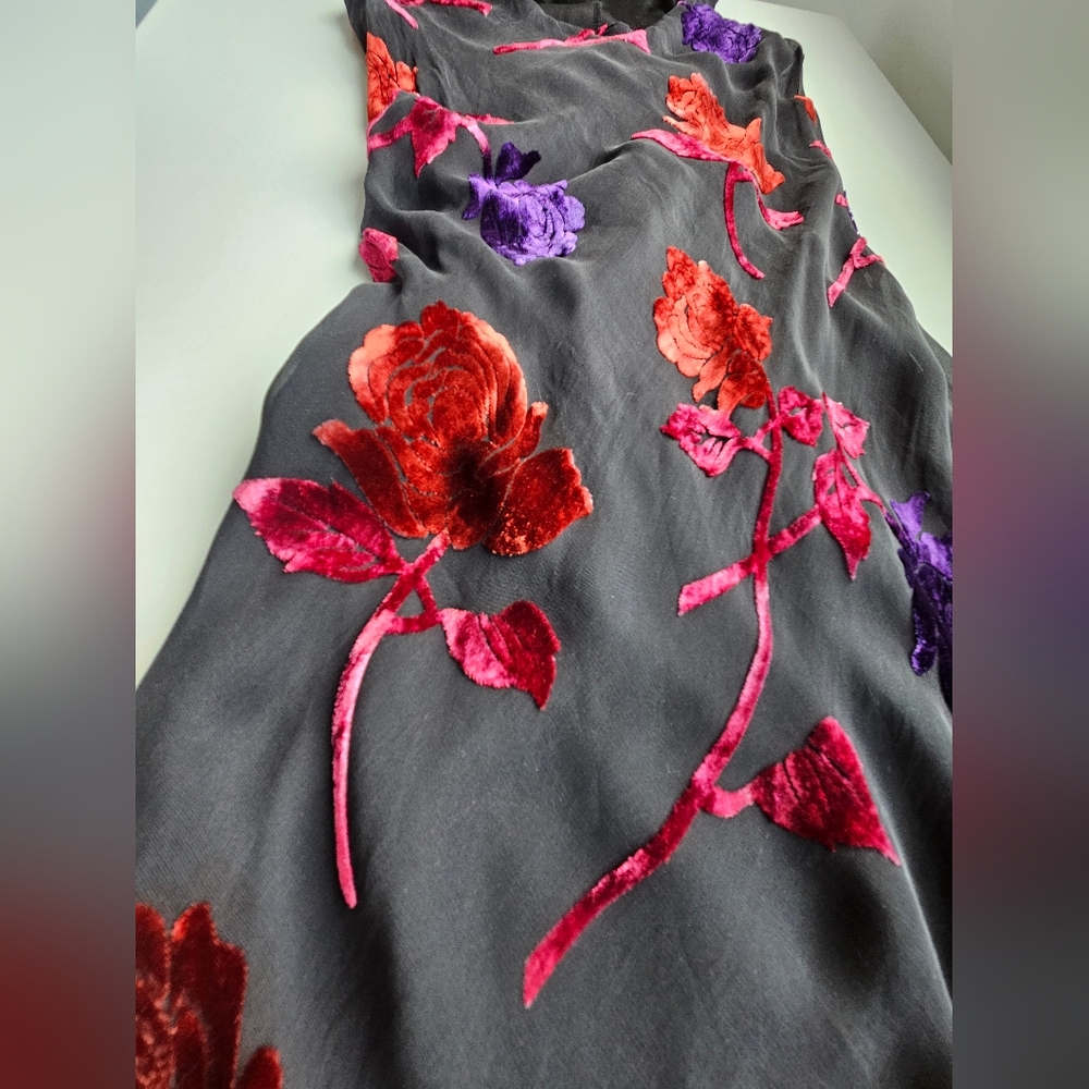 Betsey Johnson Vintage  Black Purple Red Orange Velvet Applique Ruffled Dress - Picture 8 of 16